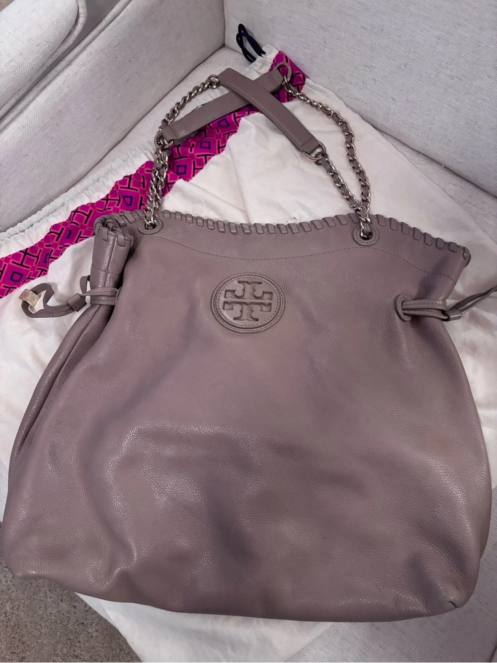 Tory Burch Taupe Leather Whipstitch Tote with Chain Straps